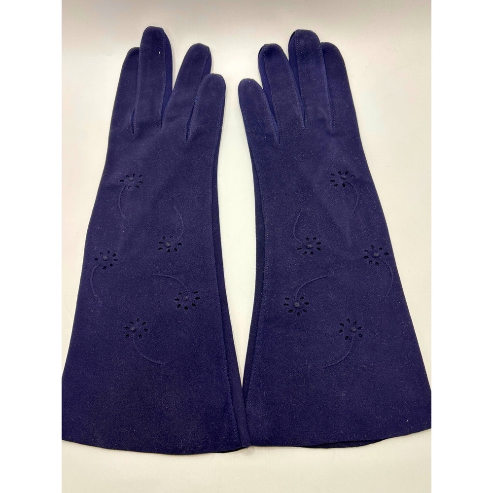 VTG Kislav Lavable Navy Blue Opera Gloves Floral Eyelet Suede Cloth 7.5 France‎